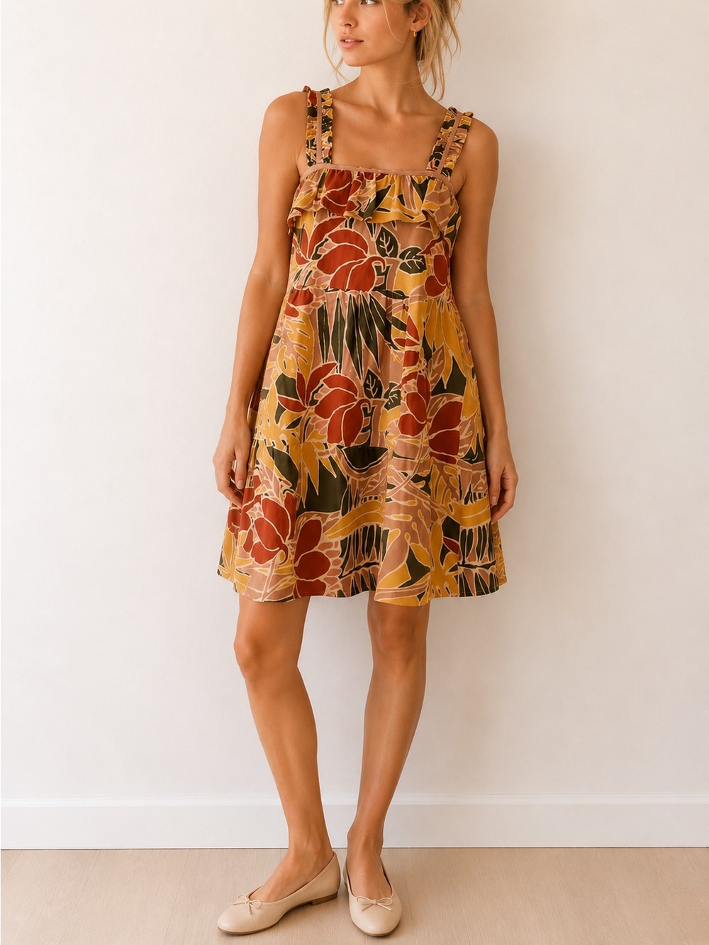 Sézane Fily Vicky Leaves Tropical Floral‎ Ruffle Mini Dress Size 36
